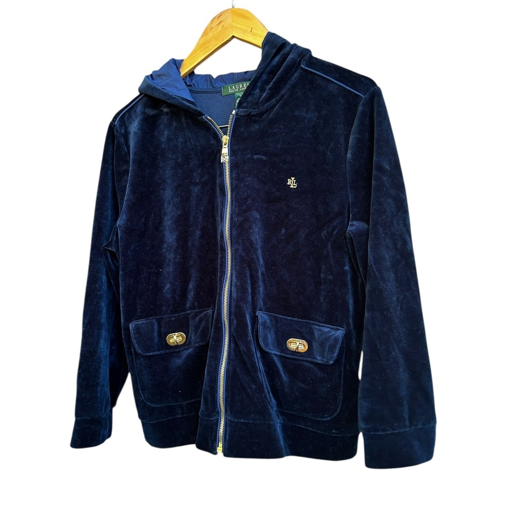 Quiet Luxury Lauren Ralph Lauren Velour Zip Hoodie Women's M Blue Topaz Lounge